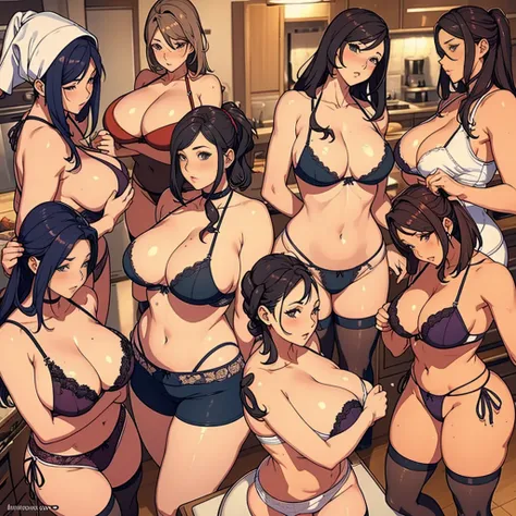 multiple thick body females in the kitchen wearing different styles of bra and panties, wearing kimonoes open expose panties, standing side by side, expose breast