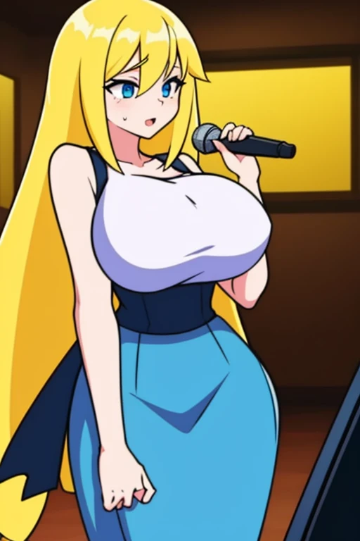 Masterpiece, 1girl, 独奏, yellow hair, presence of a microphone, night time, Best Quality, gigantic breasts