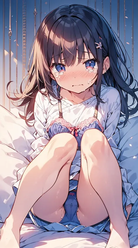 masutepiece, Best Quality,Illustration, Wallpaper, Ultra Detail, Little Face Lori、((fear:1.3))、(Teary-eyed:1.5)、(((Cute underwear)))、She makes me lie down and spread my legs.