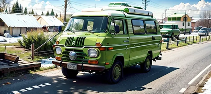 there  a green and white truck parked on the side of the road, kama russian electrocar, lada, the ugliest car in the world, microbus, 1972 soviet, moskvich, russian lada car, green pickup car, kombi, lada car, vehicle, front side, 1968 soviet, truck, front...