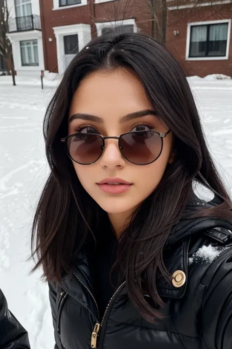 woman in black jacket and sunglasses taking selfie in snow, 22-year-old woman, with sunglasses, inspired by Ion Andreescu, she is facing the camera, wearing versace sunglasses, 8k selfie photograph, anna nikonova aka newmilky, dasha taran, ekaterina, young...