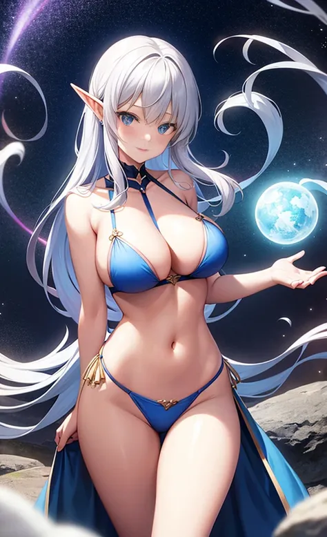 the hair，Nice face，blue bikini armor，Heterochromatic pupil，fully body photo，half moon，under moonlight，(tmasterpiece:1.1),(Best quality:1.1),(HighDynamicRange:1),ambient light,Super girl, mystical elf, looking into crystal ball, holding mysteries, showing a...