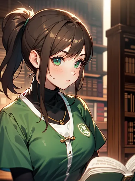 woman with straight light brown hair tied in a ponytail, she has green eyes, she is in a medieval library sitting in a chair, she is looking at a book with a brown cover, she is wearing a green shirt