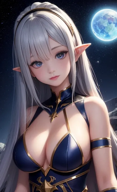 the hair，Nice face，blue bikini armor，Heterochromatic pupil，fully body photo，half moon，under moonlight，(tmasterpiece:1.1),(Best quality:1.1),(HighDynamicRange:1),ambient light,Super girl, mystical elf, looking into crystal ball, holding mysteries, showing a...