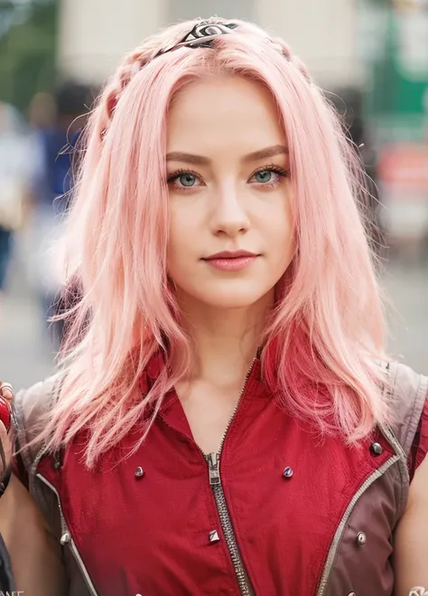 young woman, porcelain skin, short bubblegum pink hair, wide forehead, big red lips, big emerald green eyes, pink eyebrows, red vest, Sakura Haruno, 3d, realism