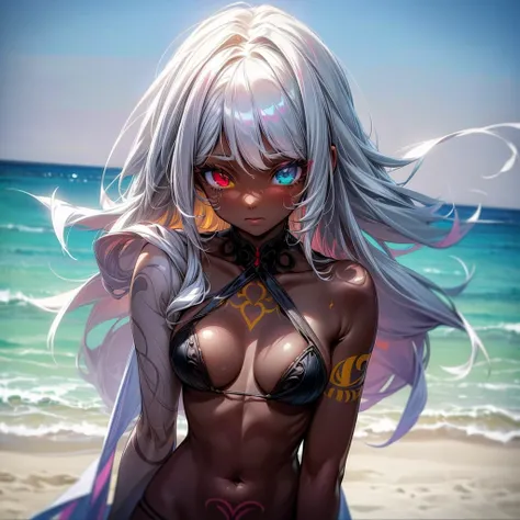 (((masterpiece))), (((best quality))), ((8k)), ((ultradated)), (1 dark-skinned human female: 1.2), (white hair 1.3), (( (Heterochromia, in the eyes, red and yellow: 1.2))),(((Official art, masterpiece, ultra-detailed))), (((best quality: 1.2, intricate det...