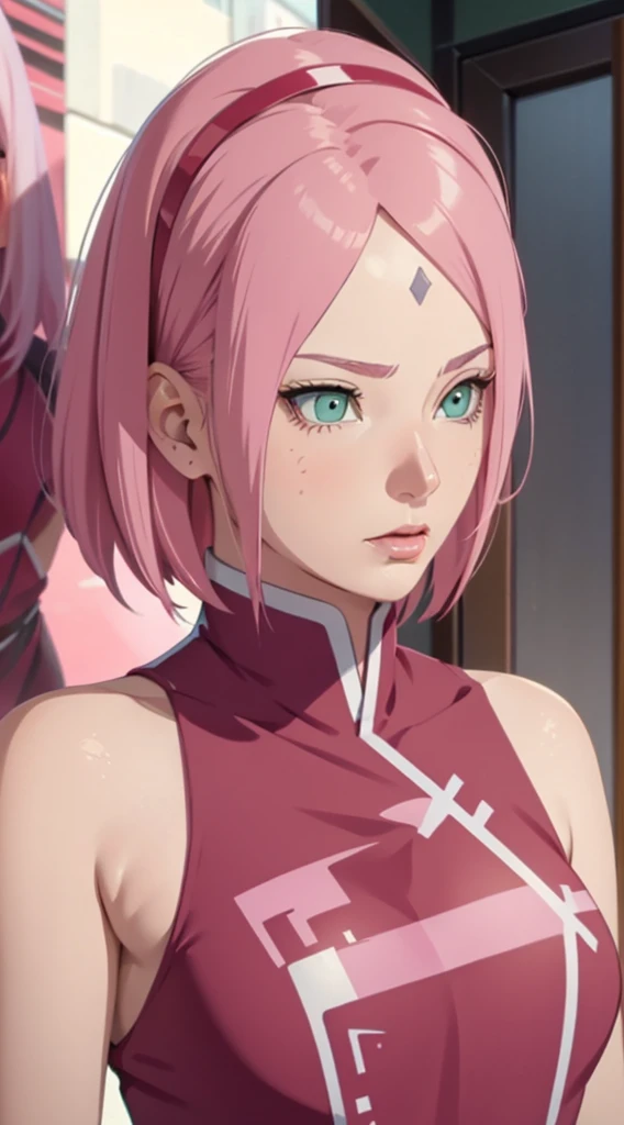 young woman, porcelain skin, short bubblegum pink hair, wide forehead, big red lips, big emerald green eyes, pink eyebrows, red vest, Sakura Haruno, 3d, realism