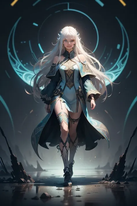 young slender girl, smiling, long white hair, blue eyes, Full body, face with bioluminescend rainbow patterns with fractal isometrics details, (((no clothed))), night sky, hyperdetailed painting, art by Wadim Kashin concept art, 4k resolution,  render, oct...