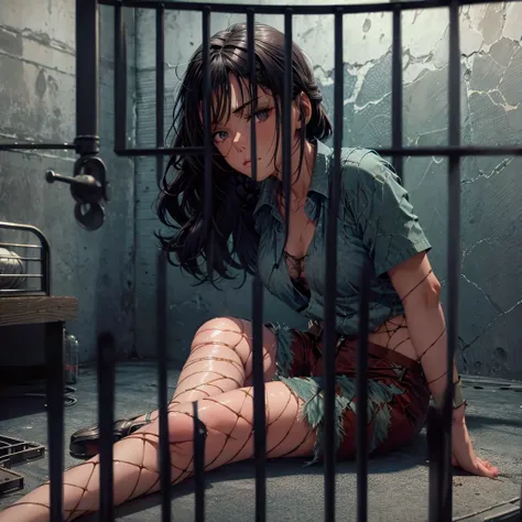 woman sitting on the floor of a prison cell, underwear、sitting in a prison, in a prison cell, stood in a cell, sitting in a dark...