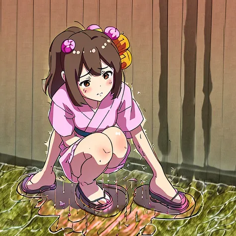 teens girl,Brown hair,Wearing hair ornaments,She is wearing a knee-length pink yukata.,Building shadow,crouching down,Omorashi,Pee,Futomo,natta,A small puddle at your feet,Wearing clogs,祭りのnatta,Emphasis on embarrassment,hiquality,Tachishoben,grassy,