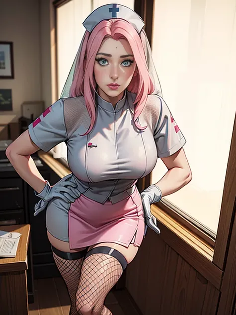 masterpiece, absurdres, sakura(boruto), 1womanl, solo, mature woman, full body, upper body close up of a woman as a Nurse, Nurse Cap, Whiteware, ((Grey miniskirt, Fishnet legwear)), photorealistic, high resolution, hips up, look at viewer, (detailed face),...