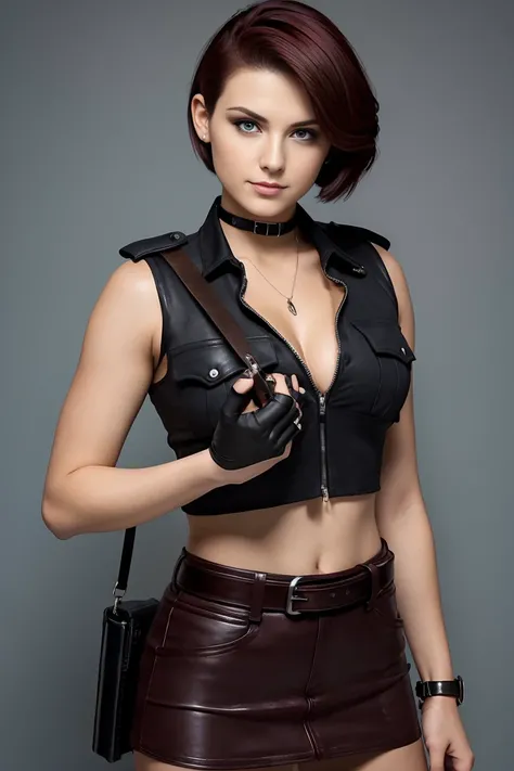 25 year old woman with short undercut burgundy hair dressed in a skimpy sleeveless black police officer cropped blouse with leather miniskirt, cleavage, wearing a pistol on her belt. Blue eyes with eye liner. Neutral background