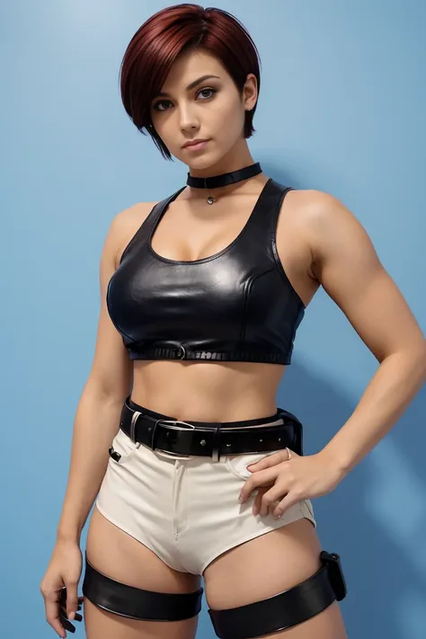 25 year old woman with short undercut burgundy hair dressed in a skimpy sleeveless black police officer cropped blouse with leather miniskirt, cleavage, wearing a pistol on her belt. Blue eyes with eye liner. Neutral background