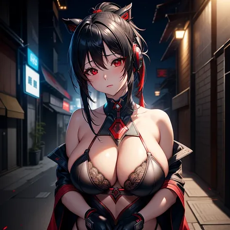 ganyu (genshin impact), ganyudef, outdoors, cyber punk city, red eyes, volumetric lighting, soft lighting, cinematic, looking at viewer, massive breast covered by black lace top, showing plunging neck line, long Black hair