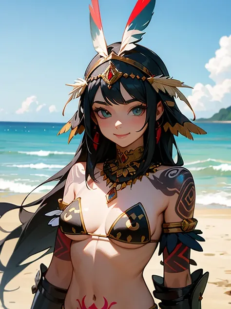 masterpiece, best quality,  kayna, headdress, feathers, tribal, bikini armor, vambraces, tattoo, bodypaint, standing, looking at viewer, upper body, smile, beach, sky, clouds