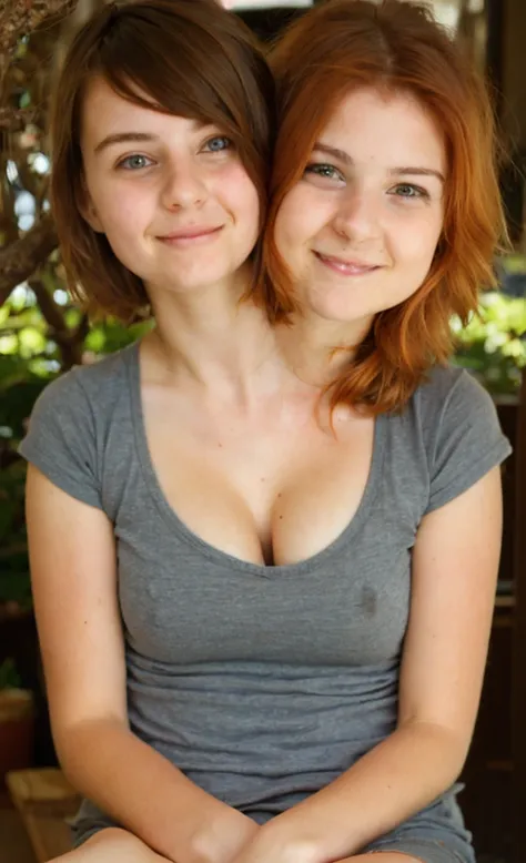 2heads, two headed girl, (a 13 year old girl and a 14 year old girl:1.5), (a redhead and a brunette:1.3)