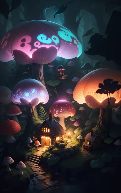 Light up the colorful mushroom house，a fairy world