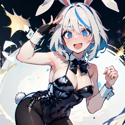 1girl, Furina, white hair:1.1, streaked hair, short hair, blue eyes, cowboy shot:1.15, looking at viewer, from front, bunnysuit, black bunnysuit, blue bowtie:1.1, pantyhose, fake bunny ears, wrist cuffs, bowtie, medium breasts, wavy mouth, closed mouth:1.2...