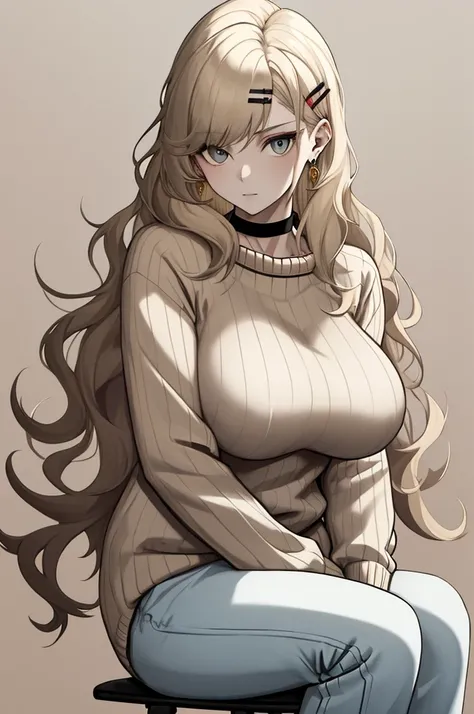 masterpiece, best quality, muted colors, pale, 1girl, pale blonde hair, wavy hair, long hair, hairclip, earrings, choker, blue sweater, beige wide trousers, huge breasts, smyg, sitting in front of viewer, looking at the viewer, minimalist background