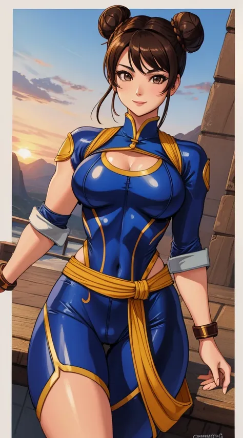 Chun Li, obra prima, melhor qualidade, high resolution, 8k, Linda mulher madura, short brown hair, Double bun, ((bodysuit)) , Curvy physique, body curvy, quadris largos, cintura fina, coxas grossas, camelo, sorriso sedutor,