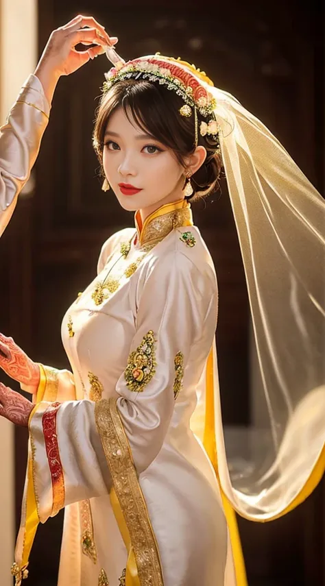 1 single woman, 27 years old, 1 เทพธิดาจักรzodiacจากอนาคต, goddess wearing a bridal gown, 21st century traditional ao dai and tu...