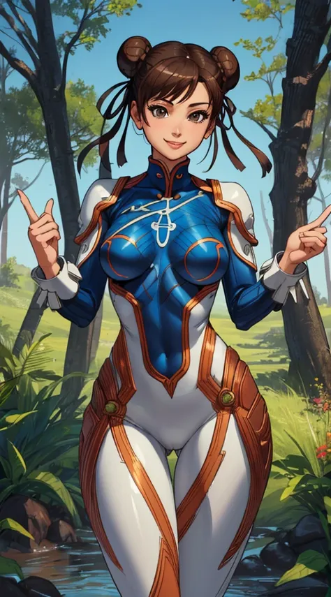 1girl, Chun-li, short brown hair, double bun, (alone:1.2), (stand:1.3), (Interacting:1.3), (cowboy shot:1.5), (Curvy:1.2), smile, Happy, at ease, (masterpiece:1.3), (best quality:1.perfect anatomy:1.4), highly detailed, (blue bodysuit), Forest,