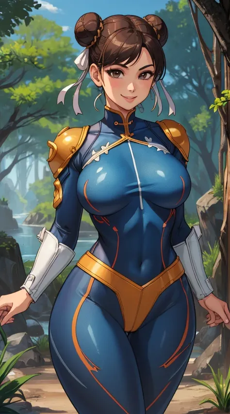 1girl, Chun-li, short brown hair, double bun, (alone:1.2), (stand:1.3), (Interacting:1.3), (cowboy shot:1.5), (Curvy:1.2), smile, Happy, at ease, (masterpiece:1.3), (best quality:1.perfect anatomy:1.4), highly detailed, (blue bodysuit: 1.3), curvy,  Forest...