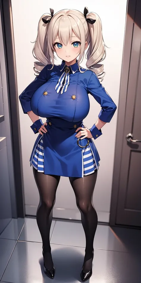 full body standing straight symmetrical, huge boob(masterpiece, best quality:1.2), cowboy shot, solo, 1girl, mmplatz, smile, looking at viewer, hands on hips, twintails, twin drills, dress, blue pantyhose, striped pantyhose, Handcuffs on their hands, With ...