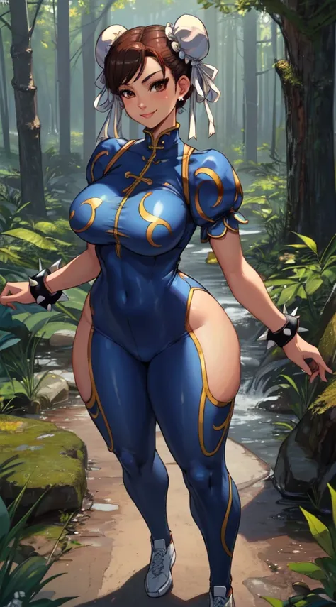 1girl, Chun-li, short brown hair, double bun, (alone), (standing), (Curvy), smile, (masterpiece), (best quality, highly detailed, (blue bodysuit), curvy, Forest, Spike bracelet,