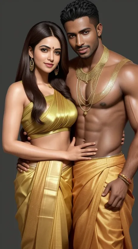 1 muscular very hary, handsome and attractive African man with sexy Indian married woman bit chubby wearing a saree with golden metallic blouse, the saree is wet. Both are hugging pose. The woman is tanding on the left side of the man. In office. Hyper rea...