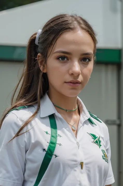 (best quality,ultra-detailed),(realistic,photorealistic:1.37),professional,sharp focus,girl wearing,white school uniform with green accents,(physiotherapy emblems:1.1) featuring a lightning bolt and two intertwined snakes discreto.