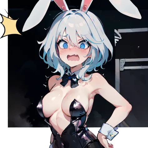 1girl, Furina, white hair:1.1, streaked hair, short hair, blue eyes, cowboy shot:1.15, looking at viewer, from front, bunnysuit, black bunnysuit, blue bowtie:1.1, pantyhose, fake bunny ears, wrist cuffs, bowtie, medium breasts, wavy mouth, closed mouth:1.4...