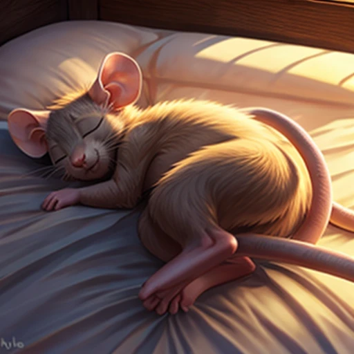 Small anthropomorphic mouse sleeping on their side, their back to the viewer