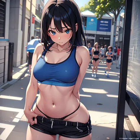 Sexy woman, blue sports bra, black boyshorts, tiny panties, solid black panties, sneakers, taking off shorts, outside, full body, crowded city, embarassed, shy, sexy, standing