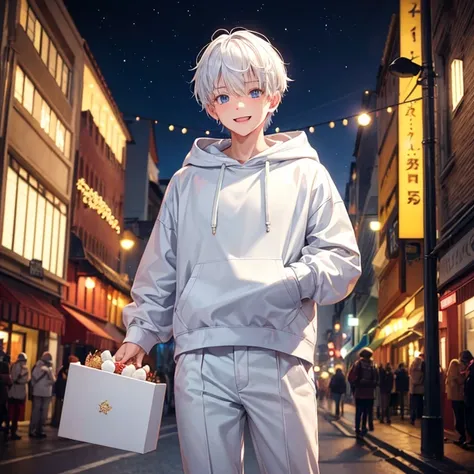 1 boy, White hair, Eyes are brown, upper part of body,street,Christmas,illuminations,White hoodie,trouser,a cake,high detailing, High resolution, Solid color background,huge smile