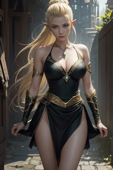 8K,Model Chute Style、(the Extremely Detailed CG Unity 8K Wallpaperull-shot body photo of the most beautiful artwork in the world、Front Fours Pose,elvish、Blonde Mohawk,Green Valley、Sexy chest armor in black and gold.Black skirt,Pearl skin、Diamonds、Medieval ...