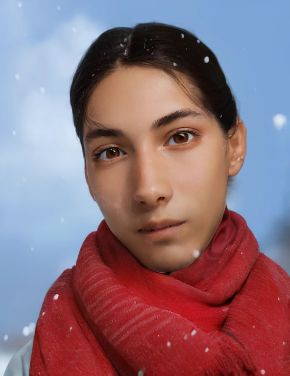 There is a 14 year old man wearing a red scarf and a red scarf, Persona realista, Cara muy realista, detailed Cara realista, Maya realista, Cara realista y detallada, Cara realista, nariz mediano, imagen realista, realismo artstyle, Only snow and bottom, c...