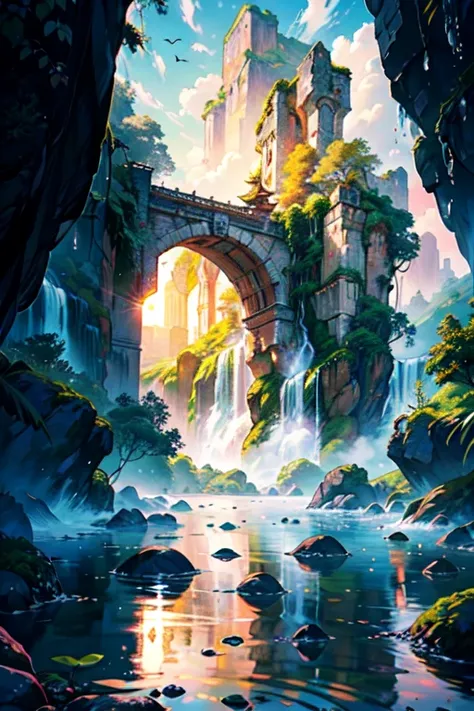 hyper-realistical masterpiece, best quality, trending on artstation, The image portrays an otherworldly scenery that takes you on a magical journey to ancient fantasy China. In the center of the image, you see a magnificent waterfall cascading down from a ...