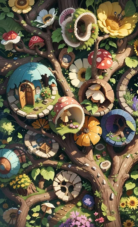 Light up the colorful mushroom forest，world in a bottle，A fairyland-like hideaway，Colorful mushroom house，a fairy world，夏天，Seafront，Rios，tree house，sunflower fields，lavender，mountain ranges，mountain peak tree，a small medieval village, Italy, are present, m...