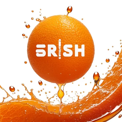 Logo. Fresh orange, falling juice drop from it. White background.