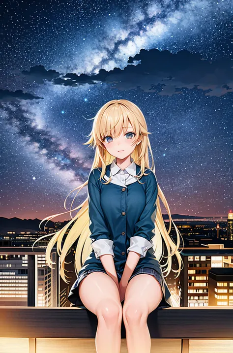 octans, sky, star (sky), scenery, starry sky, night, 1girl, night sky, solo, outdoors, signature, building, cloud, milky way, sitting, tree, long hair, city, silhouette, cityscape