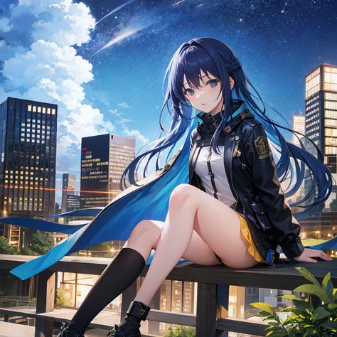 octans, sky, star (sky), scenery, starry sky, night, 1girl, night sky, solo, outdoors, building, cloud, milky way, sitting, tree, long hair, city, silhouette, cityscape