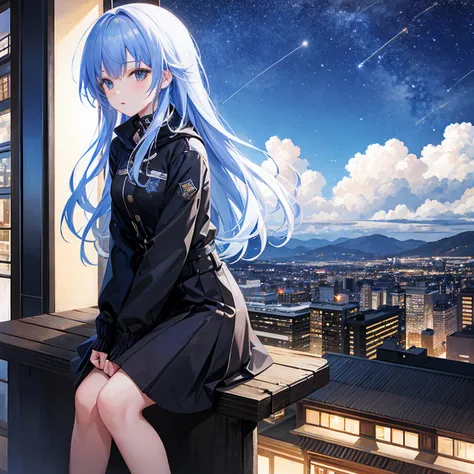 octans, sky, star (sky), scenery, starry sky, night, 1girl, night sky, solo, outdoors, building, cloud, milky way, sitting, tree, long hair, city, silhouette, cityscape