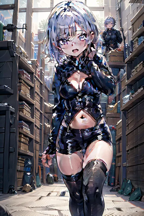 (best quality, ultra-detailed, realistic:1.37), HDR, [surreal], portraits, vibrant colors, soft lighting, [silver hair], [beautiful detailed eyes], [beautiful detailed lips], [shy expression], [blushing nose], [hood], [black bra], [exposed belly button], [...