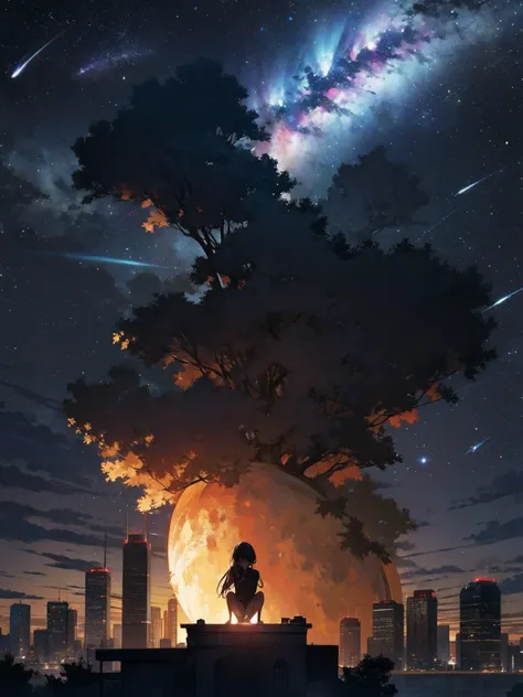 sky, star (sky), scenery, starry sky, night, 1girl, night sky, solo, outdoors, building, cloud, milky way, sitting, tree, long hair, city, silhouette, cityscape