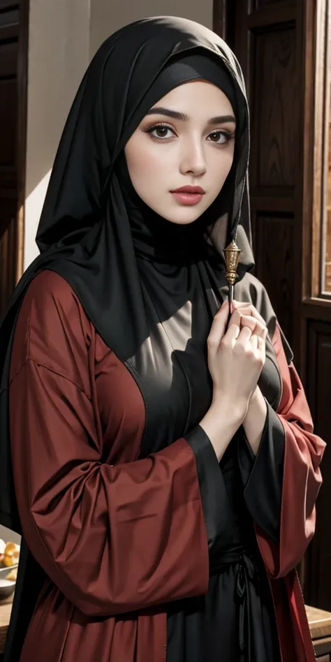 Extremely beautiful white Arab woman, well-defined and expressive dark eyes, dressed in red hijab, black abaya and black niqab with two irregular red stripes.
She is holding in her hands a delicious and appetizing Arabic esfiha.