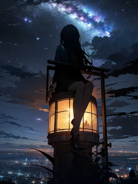 sky, star (sky), scenery, starry sky, night, 1girl, night sky, solo, outdoors, building, cloud, milky way, sitting, tree, long hair, city, silhouette, cityscape