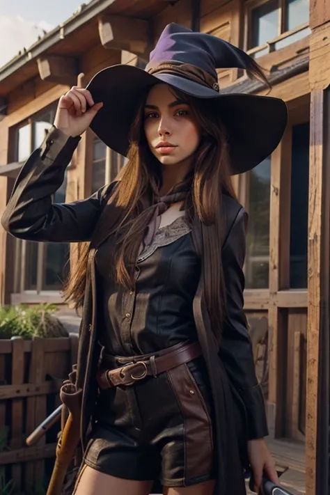 long hair,windblown hair,purple eyes,young woman,broom stick, shotgun,witch hat