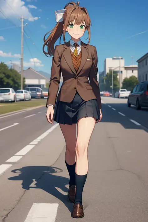 ((full body:1.4)), ((walking:1.4)), ((smile face:1.4)), ddlcmonika, ddlcmonika, blunt bangs, brown hair, (green eyes:1.5), long ...