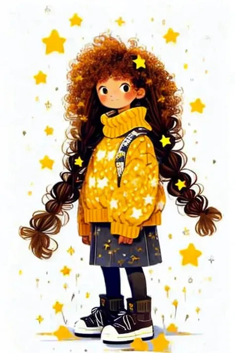 1girl, solo, star \(symbol\), long hair, standing, turtleneck, brown hair, very long hair, black footwear, curly hair, sleeves p...